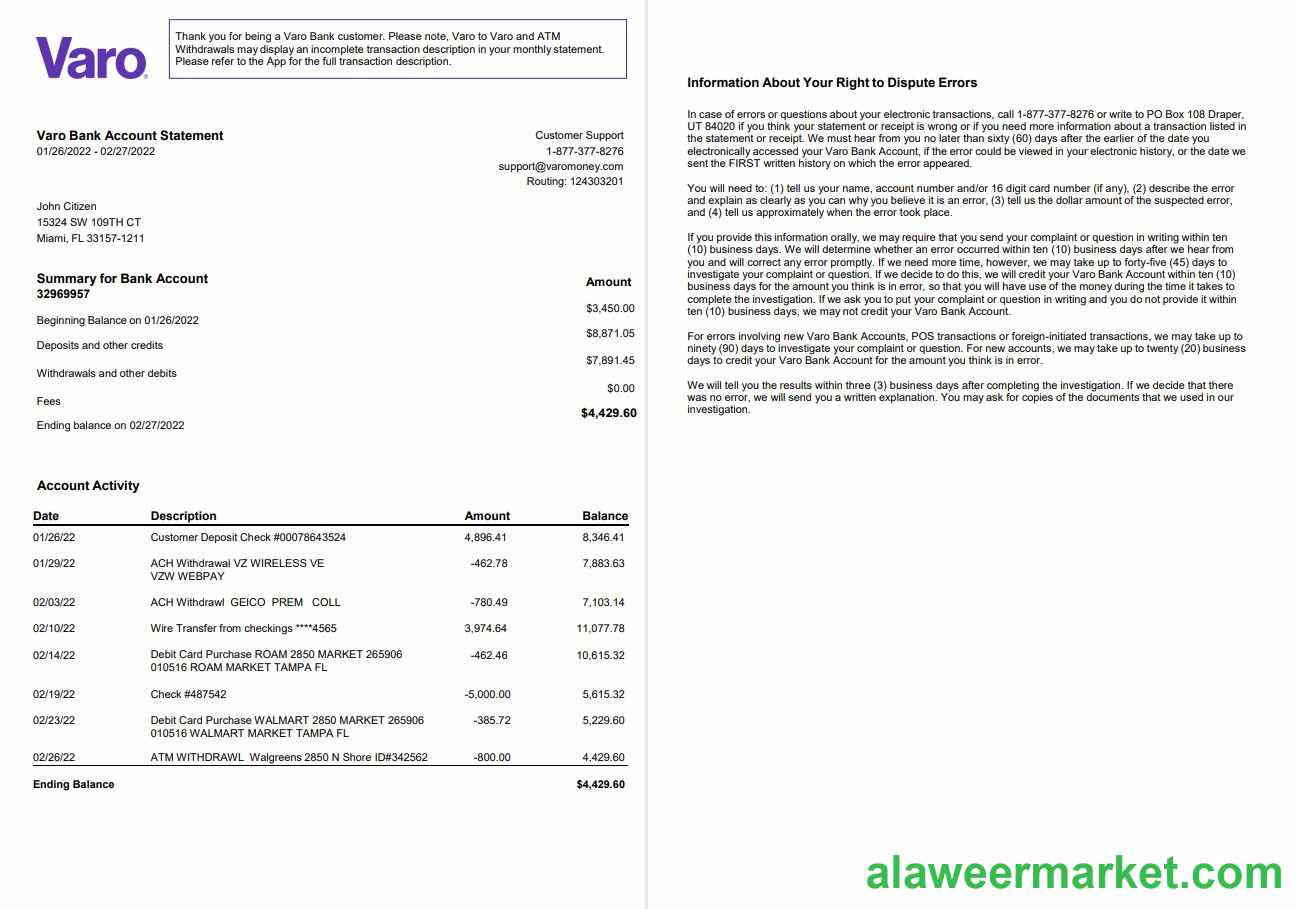 USA Varo bank statement 2 pages, version 2